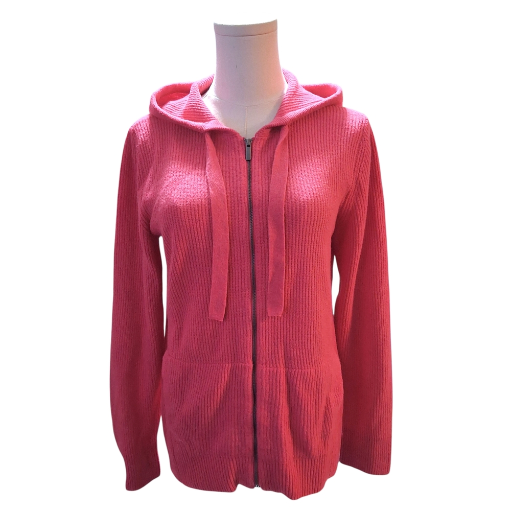 Nic + Zoe Pink Ribbed Knit Hooded Zip Up Sweater Womens Size Small